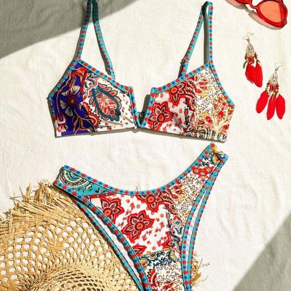 SHEIN Red and White Bikini Set with Triangle Top